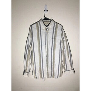 Mens Natural Issue Button Up Size Large Striped Navy Brown Green Casual